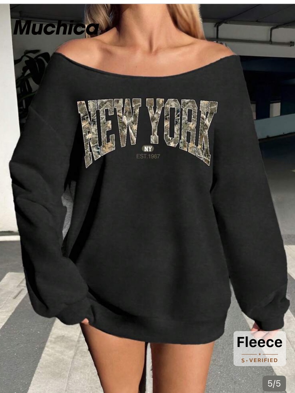Off-Shoulder Black "New York" Fleece Sweatshirt